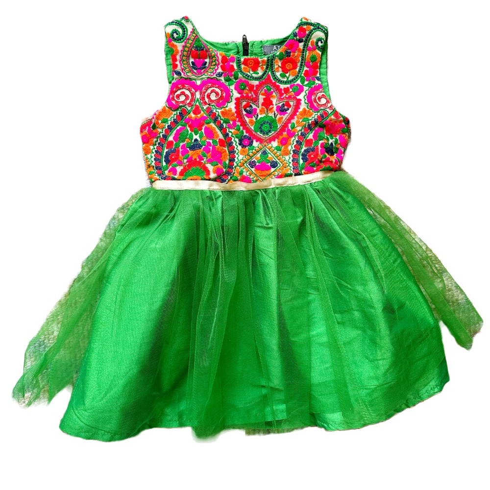 ATUN Girl 3-4 Embroidery Top Green Tulle Dress